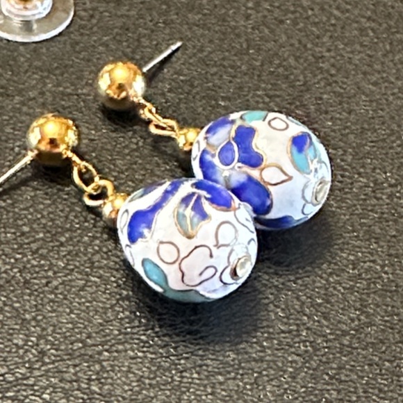 Vintage Cloisonné Enamel Drop Post Back Dangle Earrings - Picture 3 of 10